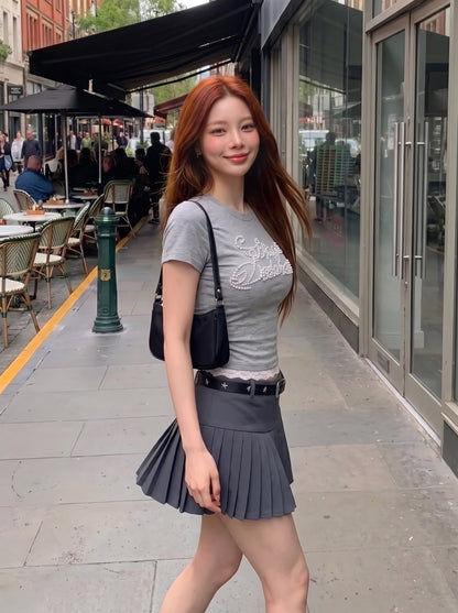 Middle Waist Pleated Skirt ( Grey-L)