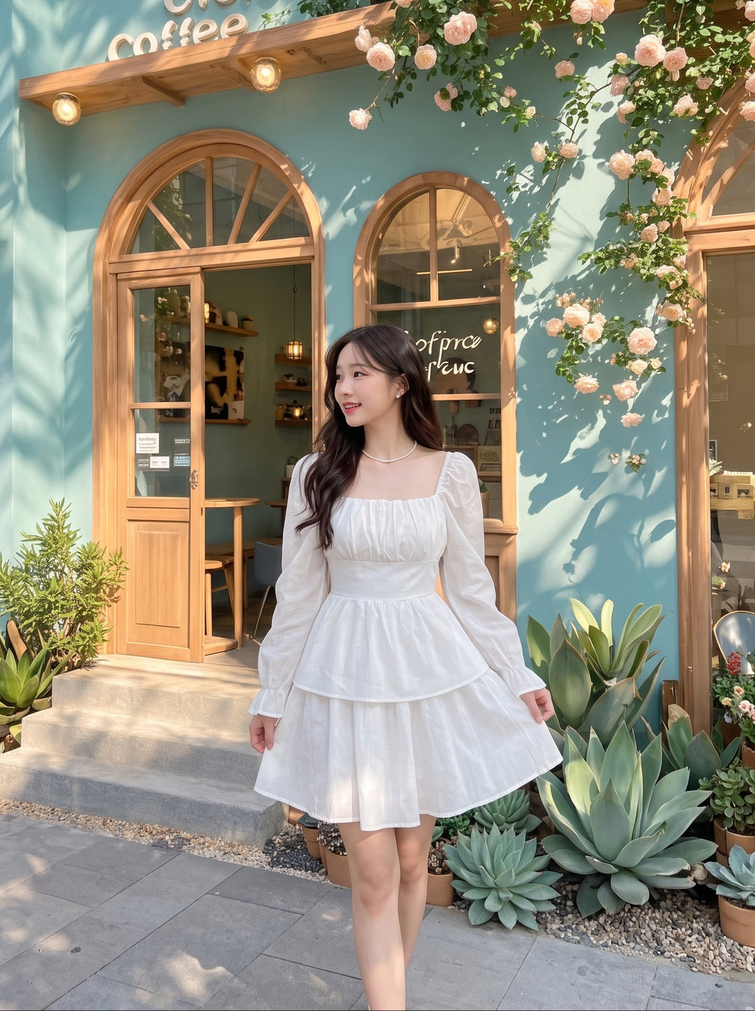 A woman wearing a white tiered long-sleeve dress stands in front of a turquoise cafe storefront decorated with pink roses and potted succulents.