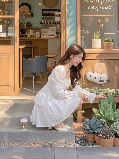 Long Puff Sleeve Two Wear White Dress