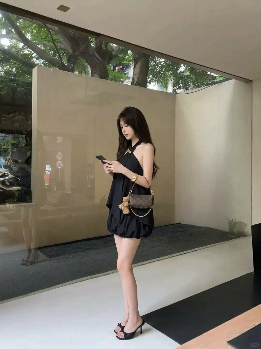 Mix Silk Top + Shorts Two Piece Set (Black, Brown)