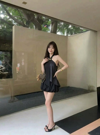 Mix Silk Top + Shorts Two Piece Set (Black, Brown)