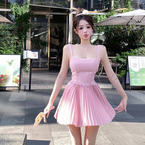 Sweet Pleated Dress (Pink, Blue - S)