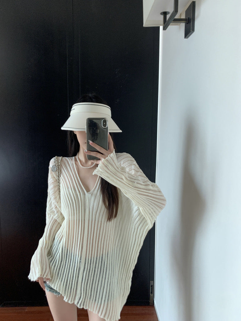 V Collar Long Sleeve Beige Knitted Top