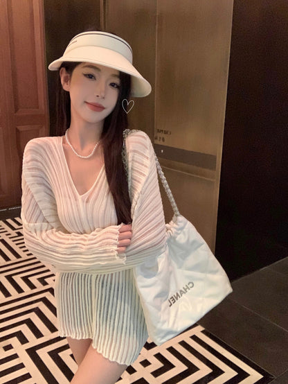 V Collar Long Sleeve Beige Knitted Top