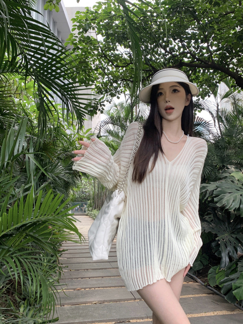 V Collar Long Sleeve Beige Knitted Top