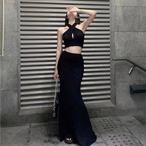 Black Top + Long Skirt Two Pieces Set