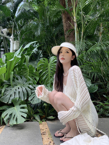 V Collar Long Sleeve Beige Knitted Top