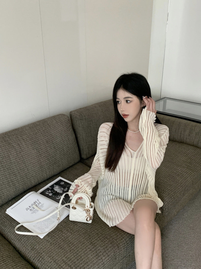 V Collar Long Sleeve Beige Knitted Top