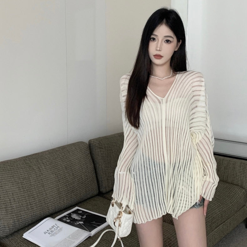 V Collar Long Sleeve Beige Knitted Top