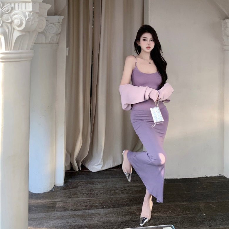 Purple Cardigan + Slim Fit Long Dress (Below 165cm)
