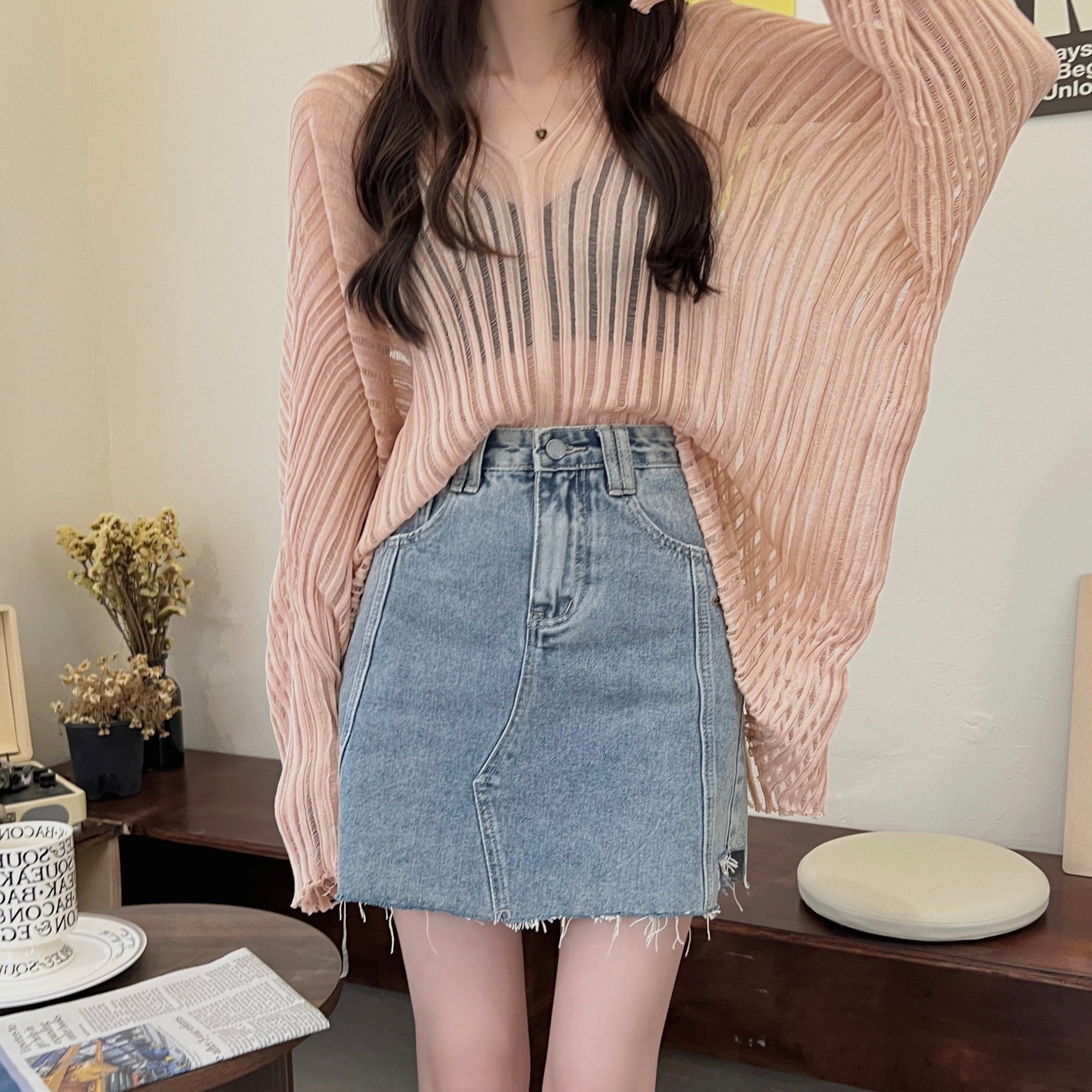 V Collar Long Sleeve Beige Knitted Top