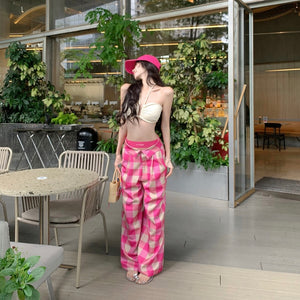 Pink Match Beige Tube Top + Long Pants Two Piece Set