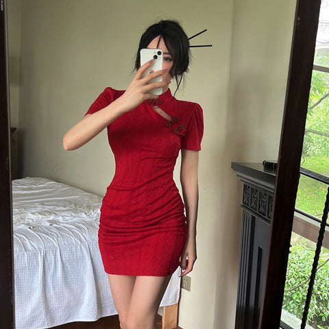 Cloric Wine Red Cheongsam Dress