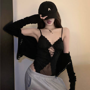 Livv Sexy Lace Up Waist Cut Inner Top Suit (Black)