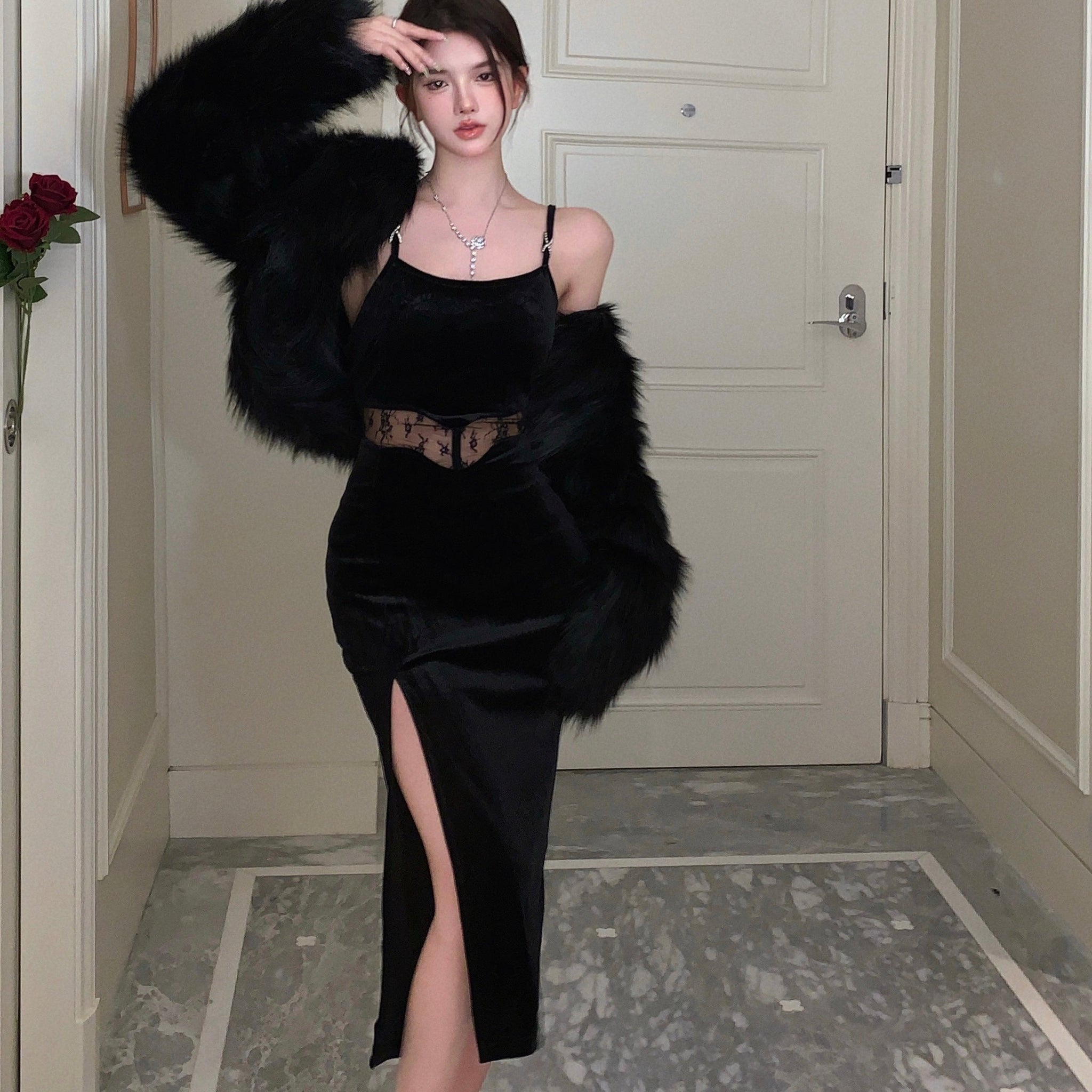 Lacey Waist Black Long Dress (XL, 3XL)