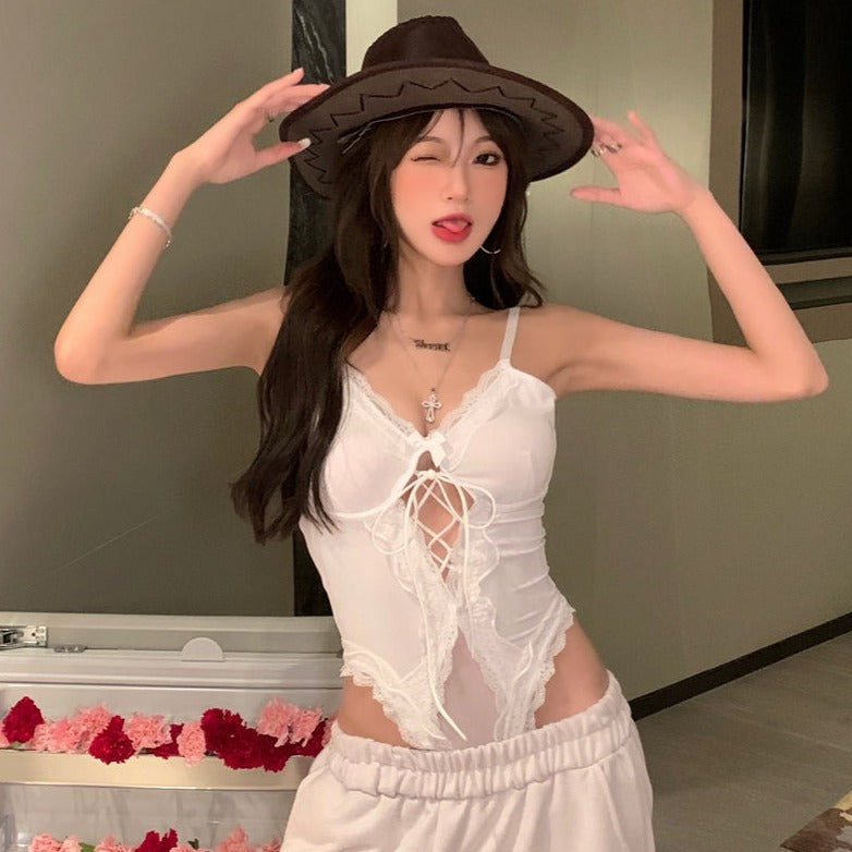 Livv Sexy Lace Up Waist Cut Inner Top Suit (White)