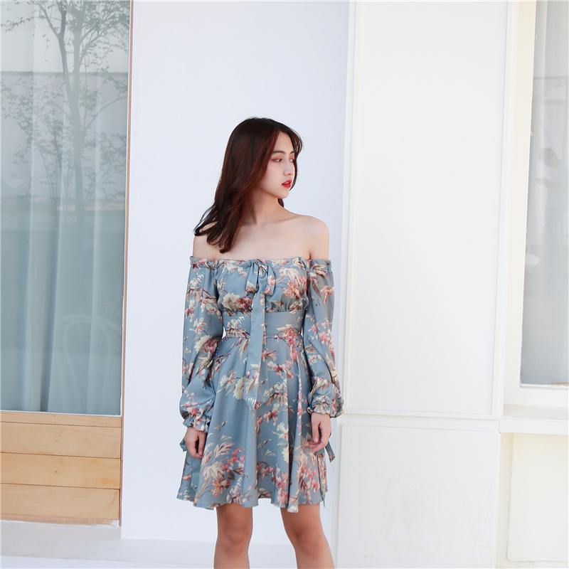 F033 Off Shoulder Floral Grey Dress - Hearts &amp; Kisses