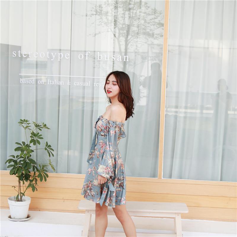 F033 Off Shoulder Floral Grey Dress - Hearts &amp; Kisses