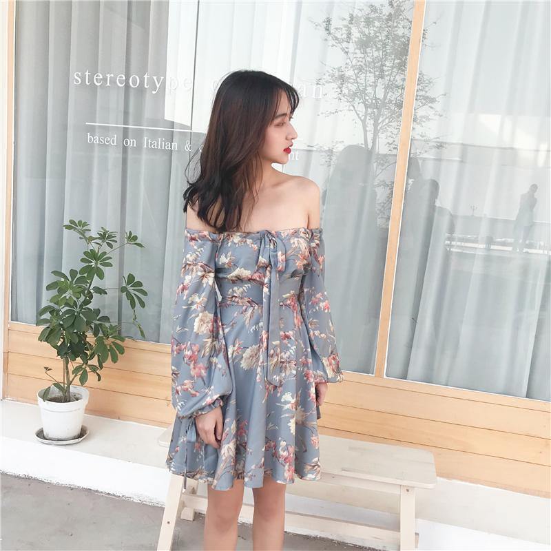 F033 Off Shoulder Floral Grey Dress - Hearts &amp; Kisses