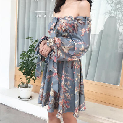 F033 Off Shoulder Floral Grey Dress - Hearts &amp; Kisses