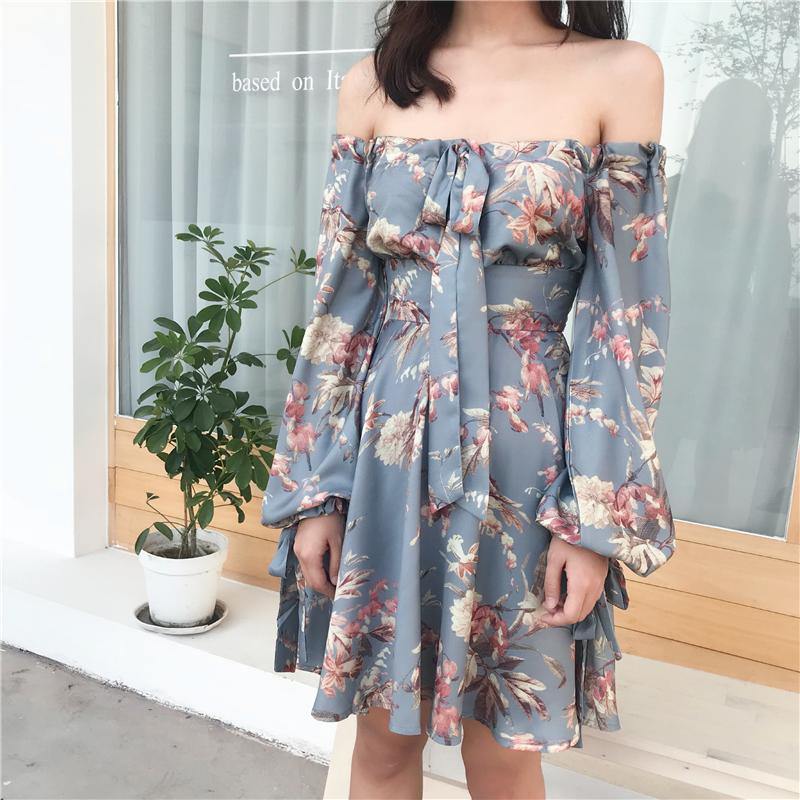 F033 Off Shoulder Floral Grey Dress - Hearts &amp; Kisses