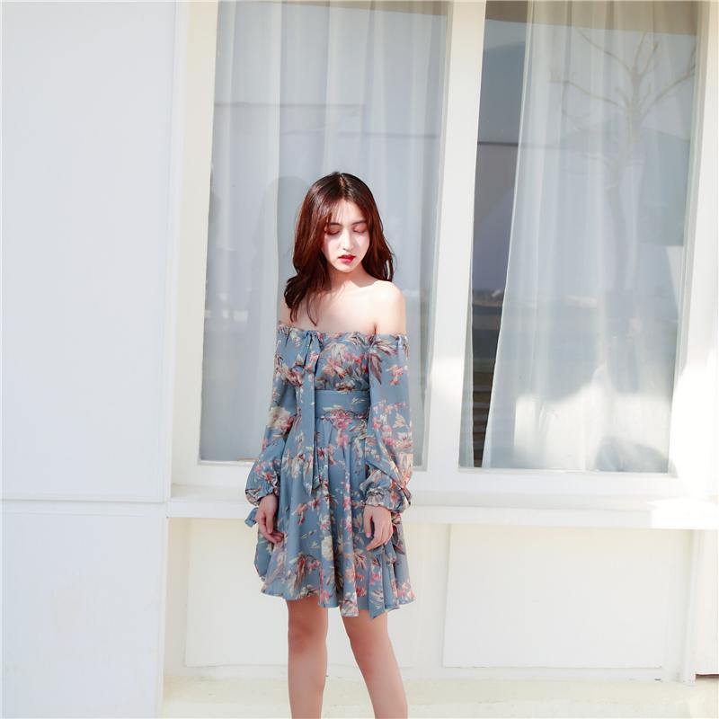 F033 Off Shoulder Floral Grey Dress - Hearts &amp; Kisses