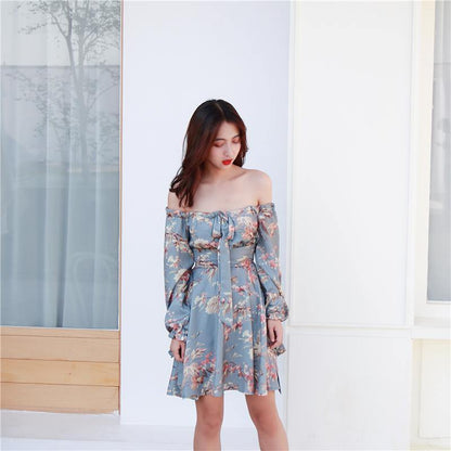 F033 Off Shoulder Floral Grey Dress - Hearts &amp; Kisses