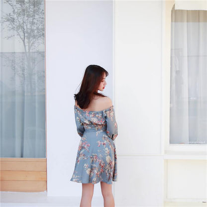 F033 Off Shoulder Floral Grey Dress - Hearts &amp; Kisses
