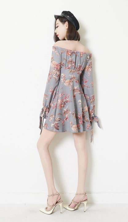 F033 Off Shoulder Floral Grey Dress - Hearts &amp; Kisses