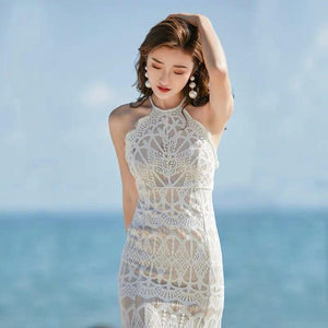 F052 Fabiana Beach/Dinner Bareback Lace Long Dress (M size) - Hearts & Kisses