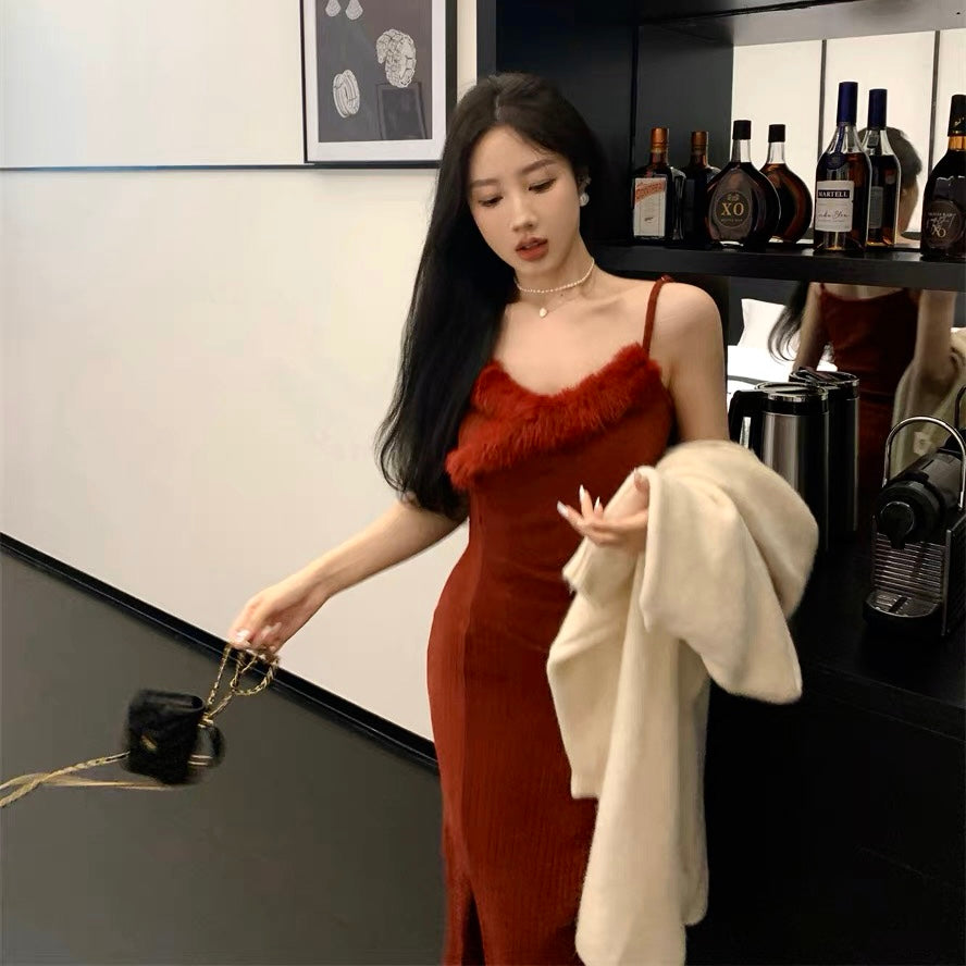 Mix Furry Wine Red Knitted Dress