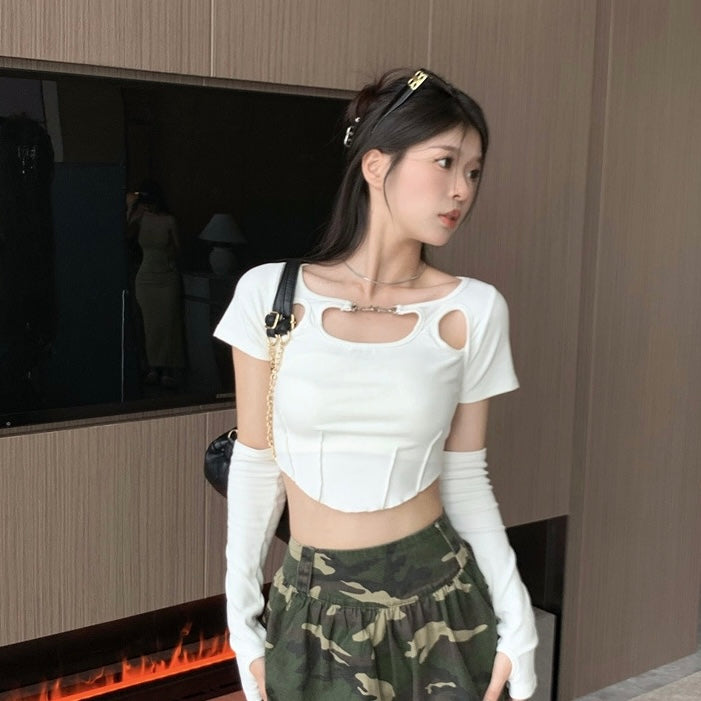 Collar Clip Crop Top With Sleeve