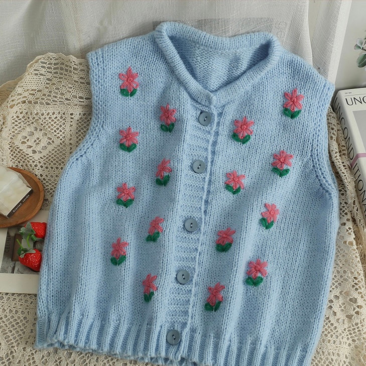 Sleeveless Embroidery Flower Knitted Top