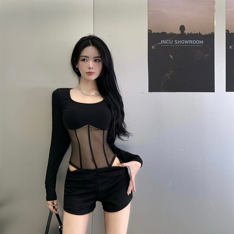 Waist Cut U Collar Long Sleeve Black Top With Collar