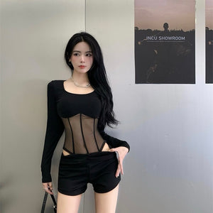Waist Cut U Collar Long Sleeve Black Top With Collar