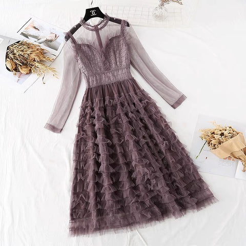 Owee Mesh Long Sleeve Dress (Purple)