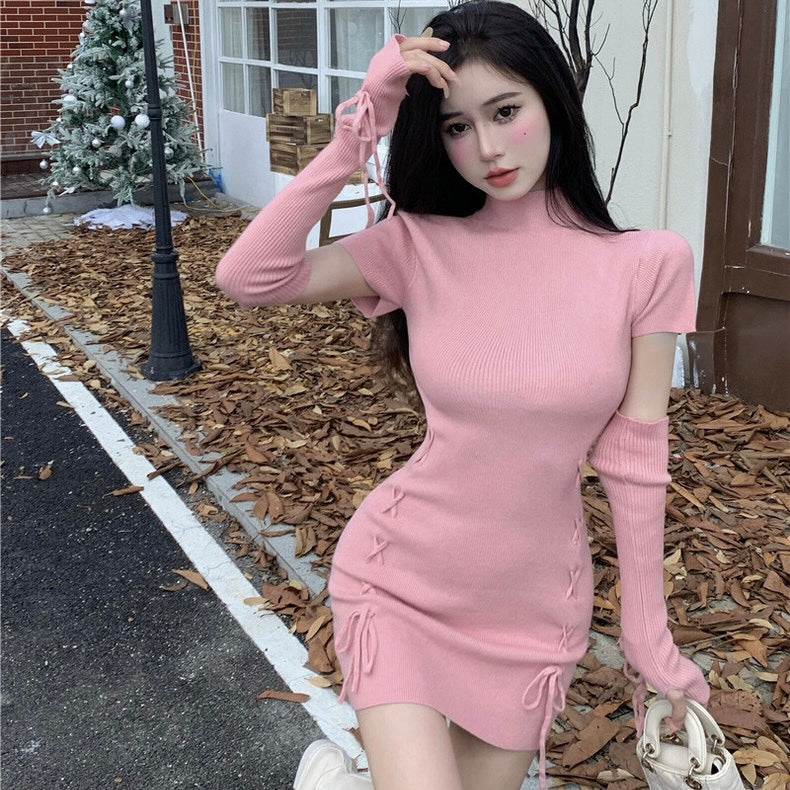 Halter Collar Knitted Pink Dress with Sleeve