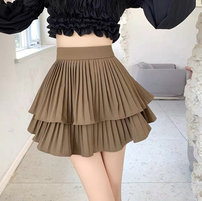 Luis Pleated Layered High Waist Skirt (Brown)