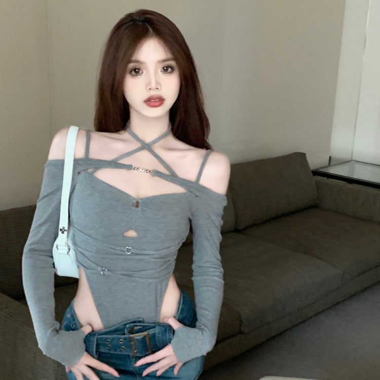 Waist Cut Grey Long Sleeve Top