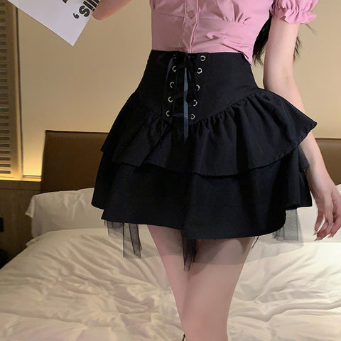 Lace Up Black High Waist Skirt