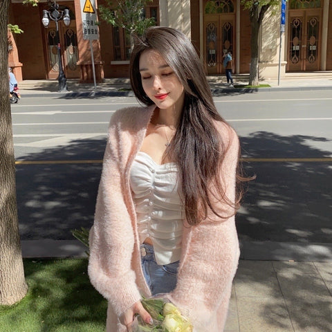 Amelia Fuzzy Long Cardigan Top/ Outerwear （Cream, Dull Pink)