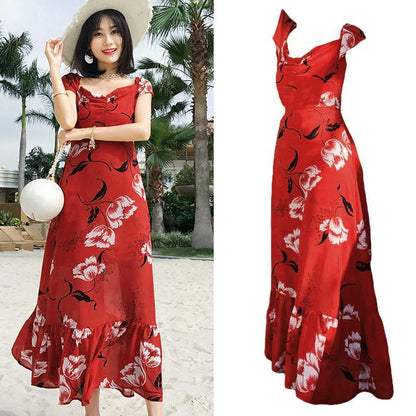 M160 Floral Print Red Dress - Hearts &amp; Kisses