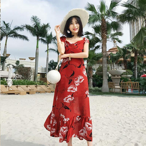 M160 Floral Print Red Dress - Hearts & Kisses