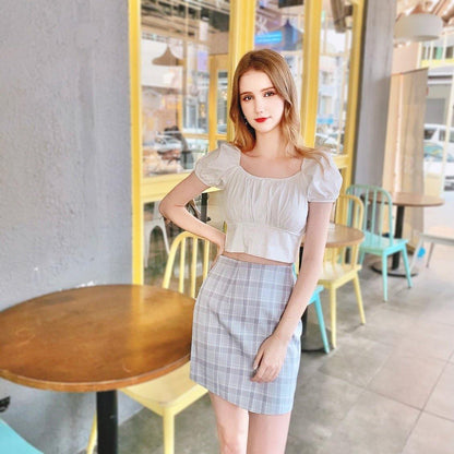 PD015 Blue Grey Grid Skirt - Hearts &amp; Kisses
