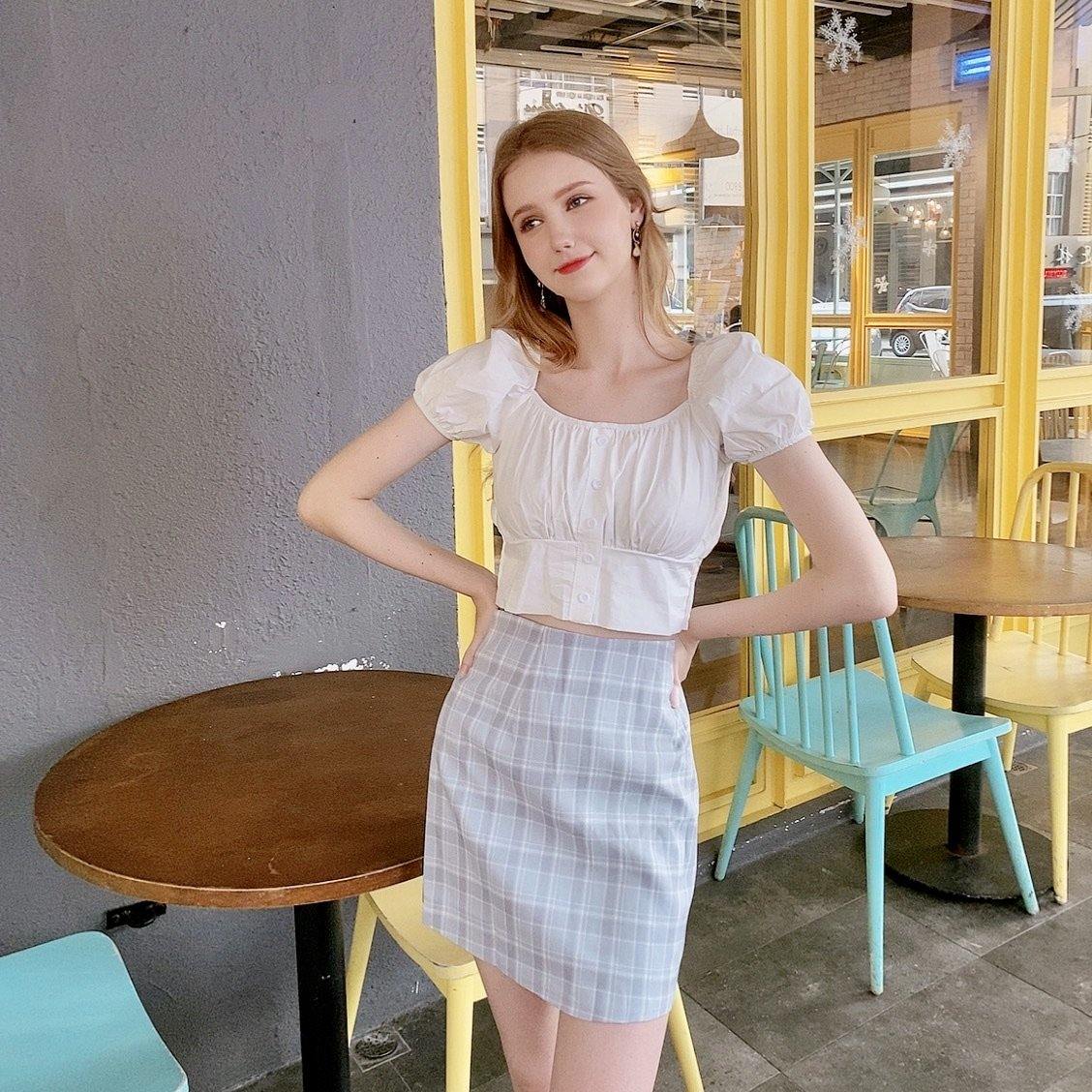 PD015 Blue Grey Grid Skirt - Hearts &amp; Kisses