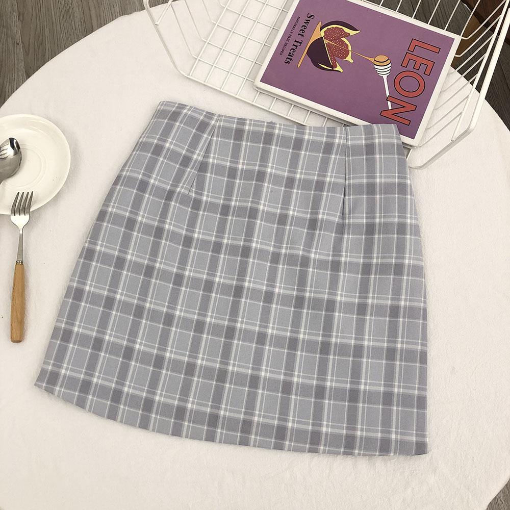 PD015 Blue Grey Grid Skirt - Hearts &amp; Kisses