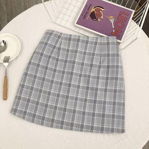 PD015 Blue Grey Grid Skirt - Hearts & Kisses