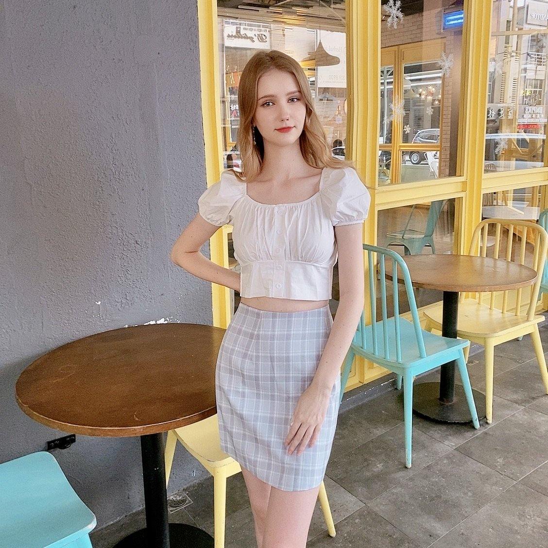 PD015 Blue Grey Grid Skirt - Hearts &amp; Kisses