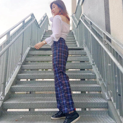 PS034 High Waist Plaid Maxi Pants (M, L) - Hearts &amp; Kisses